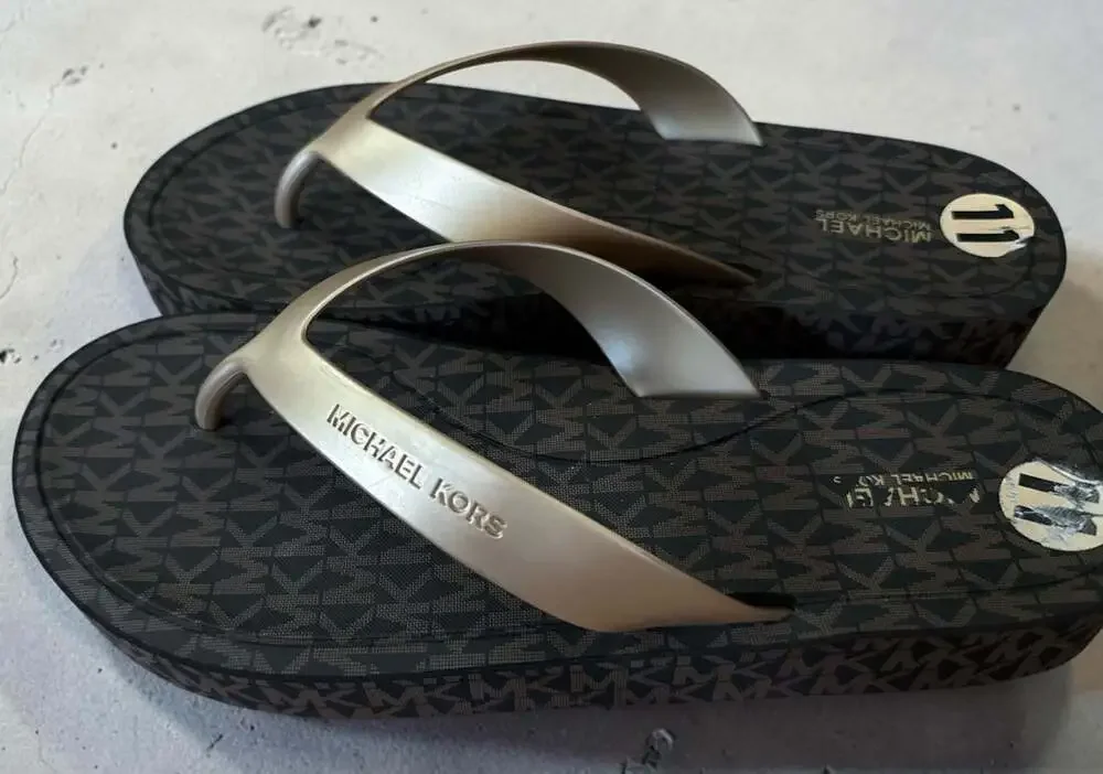 Michael Kors Monogram Print Flip Flop Sandals Brown and Gold Size 11